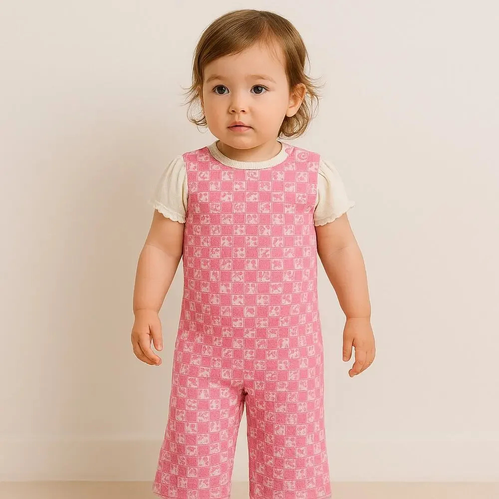 Vintage 70s Carters Jumpsuit Pink Patterned White Collar Toddler Girl Sz‎ 24 Mos